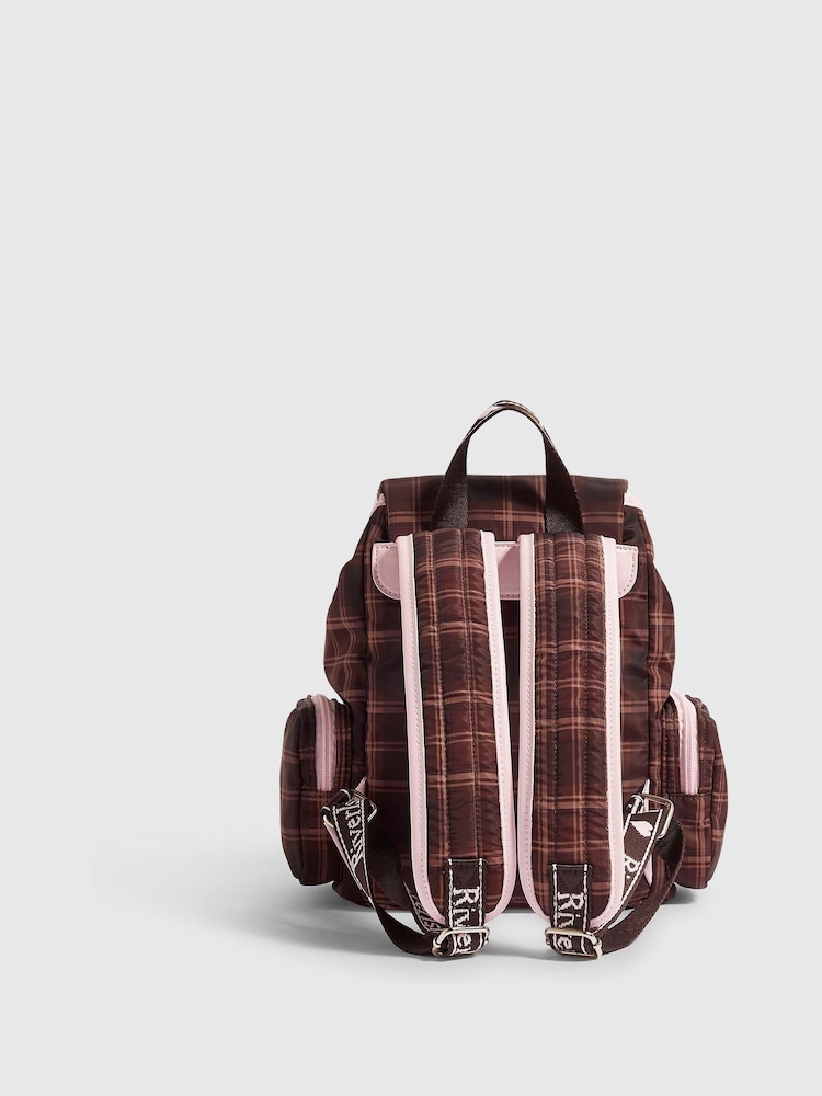 River Island Brown Check Backpack with Charms - Image 2 of 5 River Island Brown Check Backpack with Charms - Image 2 of 5
