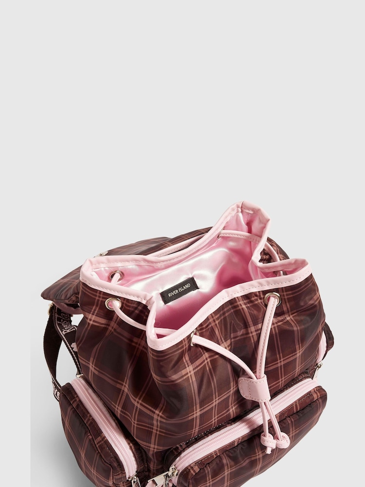 River Island Brown Check Backpack with Charms - Image 5 of 5 River Island Brown Check Backpack with Charms - Image 5 of 5