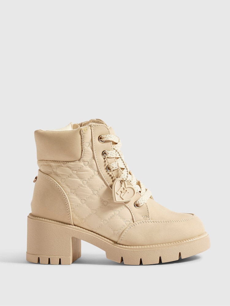 River Island Cream Heeled Lace Up Hiker Boots - Image 1 of 5 River Island Cream Heeled Lace Up Hiker Boots - Image 1 of 5