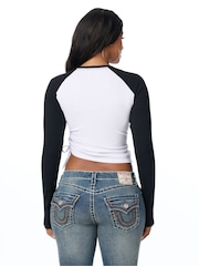 True Religion Black Crystal Contrast Rib Long Sleeve Ruched Top - Image 4 of 5