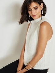White Sparkle High Neck Tinsel Knitted Tank Vest - Image 1 of 6