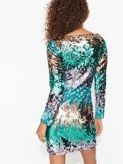 Aqua Blue Long Sleeve Sequin Mini Dress - Image 3 of 6