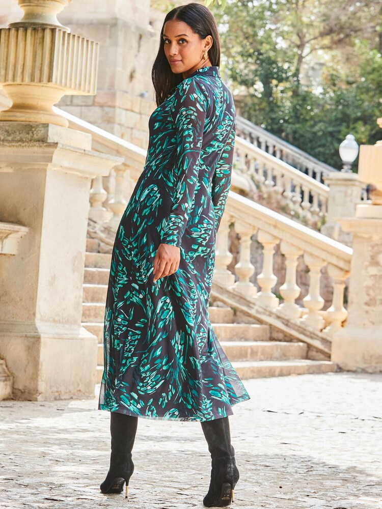 Sosandar Black Butterfly Print Mesh Shirt Dress - Image 2 of 4