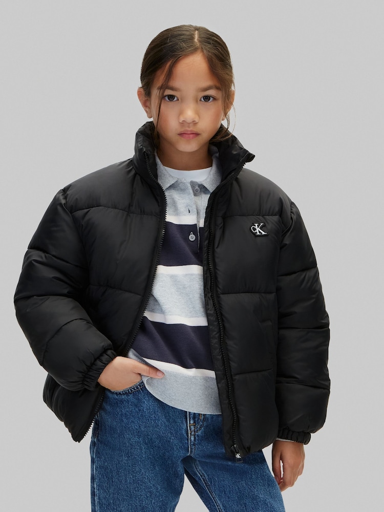 Calvin Klein Blue Hooded Logo Puffer Coat - Image 1 of 5