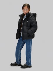 Calvin Klein Blue Hooded Logo Puffer Coat - Image 3 of 5
