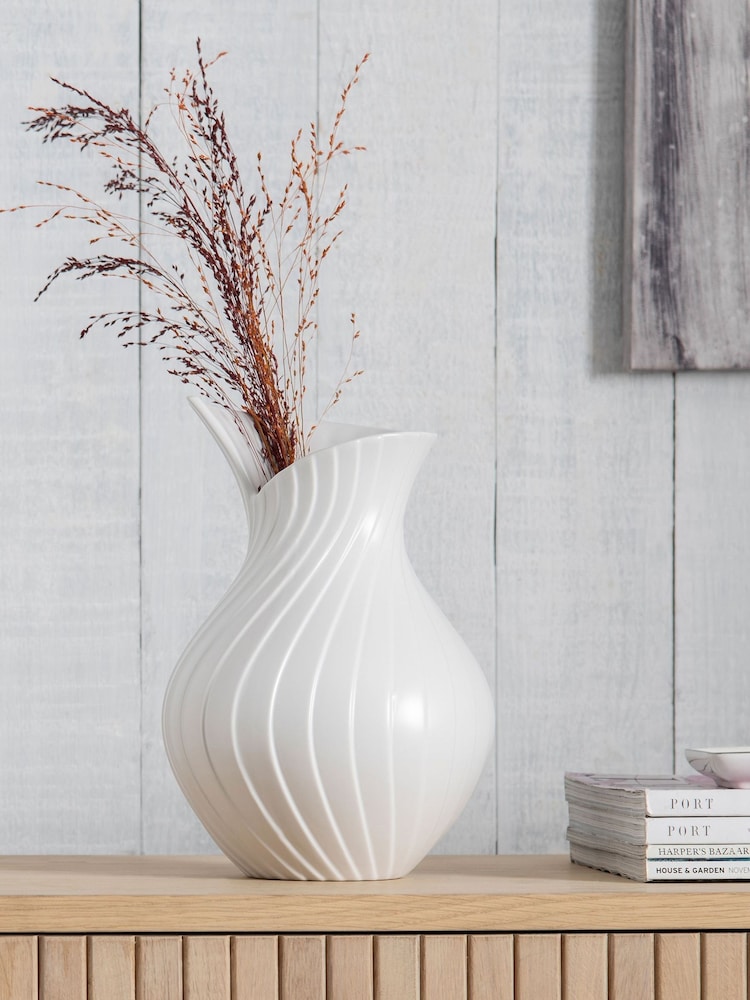 White Ceramic Pleated Medium Vase - Image 1 of 2
