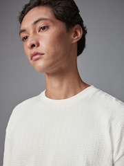 Ecru White Relaxed Fit 100% Cotton Seersucker Texture T-Shirt - Image 1 of 3