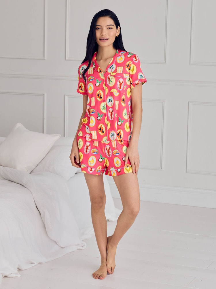 Chelsea Peers Pink Tropical Collage Print Short Pyjama Set - Image 2 of 6 Chelsea Peers Pink Tropical Collage Print Short Pyjama Set - Image 2 of 6