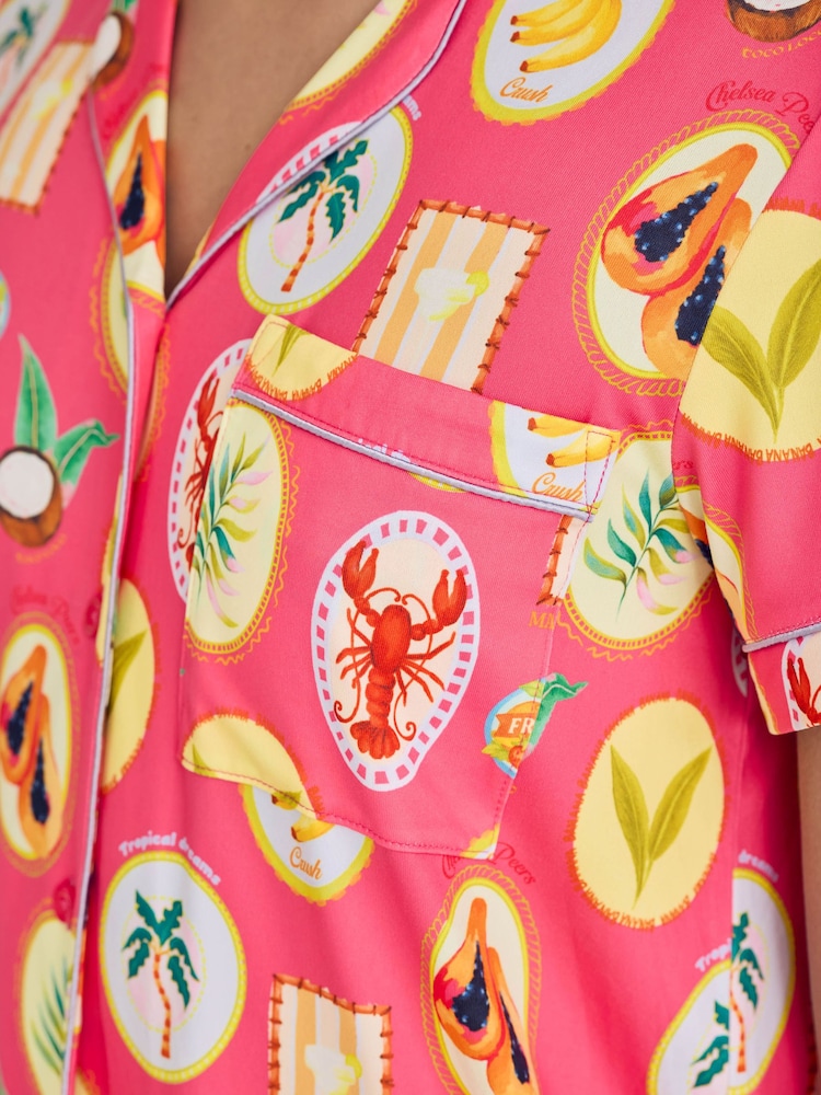 Chelsea Peers Pink Tropical Collage Print Short Pyjama Set - Image 6 of 6 Chelsea Peers Pink Tropical Collage Print Short Pyjama Set - Image 6 of 6
