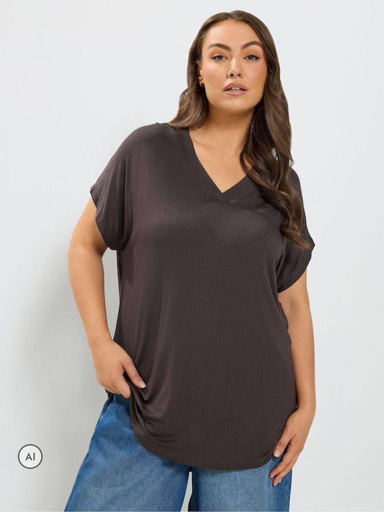 Yours Curve Brown Basic Grown On Sleeve Top - Image 1 of 6
