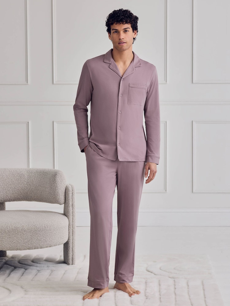 Chelsea Peers Purple Cotton Button Up Long Pyjama Set - Image 1 of 6 Chelsea Peers Purple Cotton Button Up Long Pyjama Set - Image 1 of 6