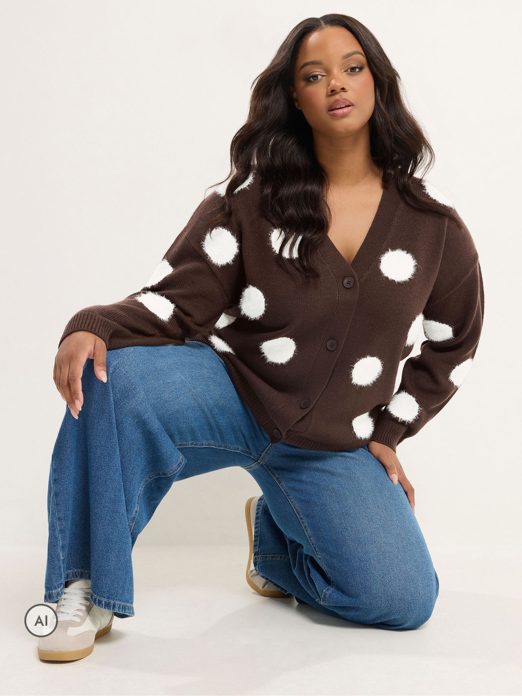 Yours Women's Fluffy Polka Dot Cardigan Sweater in Chocolate | Size: 30-32 - Image 2