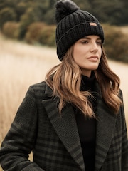 Barbour® Black Saltburn Cable Knit Pom Beanie Logo Hat - Image 1 of 9