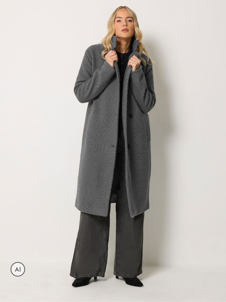 Long Tall Sally Grey Bouclé Funnel Neck Trench Coat - Image 1 of 6 Long Tall Sally Grey Bouclé Funnel Neck Trench Coat - Image 1 of 6