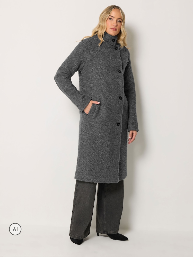 Long Tall Sally Grey Bouclé Funnel Neck Trench Coat - Image 2 of 6 Long Tall Sally Grey Bouclé Funnel Neck Trench Coat - Image 2 of 6