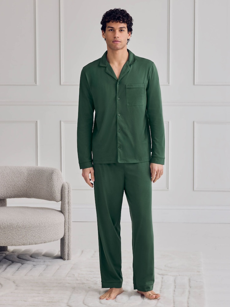 Chelsea Peers Dark Green Cotton Button Up Long Pyjama Set - Image 1 of 6 Chelsea Peers Dark Green Cotton Button Up Long Pyjama Set - Image 1 of 6