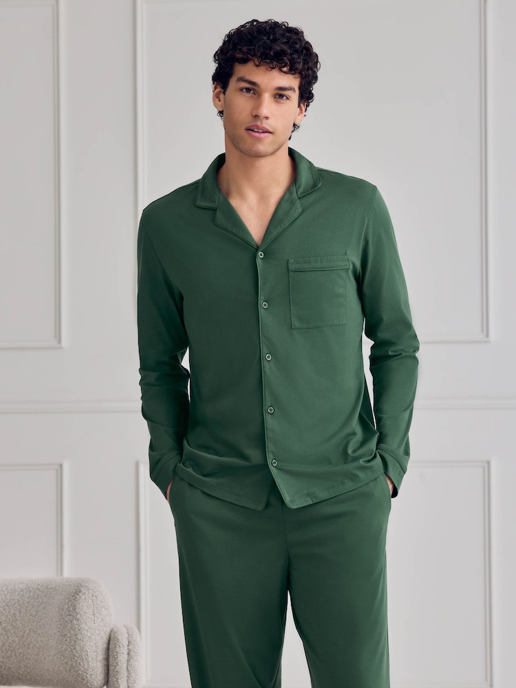 Chelsea Peers Dark Green Cotton Button Up Long Pyjama Set - Image 2 of 6 Chelsea Peers Dark Green Cotton Button Up Long Pyjama Set - Image 2 of 6