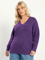 Yours Curve Purple Knitted V-Neckline Jumper - Image 1 of 6