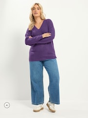 Yours Curve Purple Knitted V-Neckline Jumper - Image 2 of 6