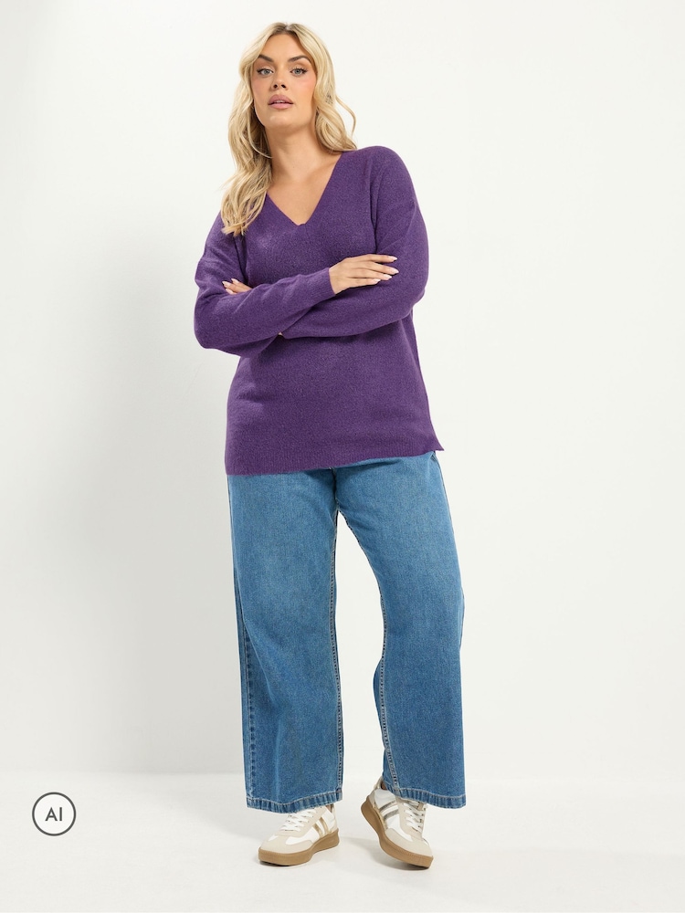 Yours Curve Purple Knitted V-Neckline Jumper - Image 2 of 6