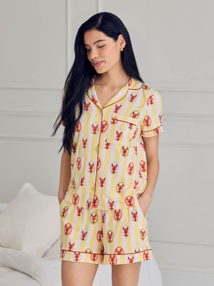 Chelsea Peers Yellow Lobster Stripe Print Short Pyjama Set - Image 1 of 6
