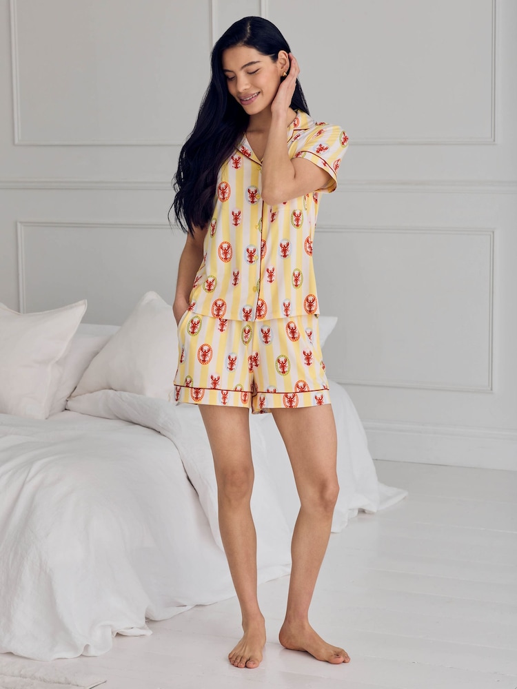 Chelsea Peers Yellow Lobster Stripe Print Short Pyjama Set - Image 2 of 6