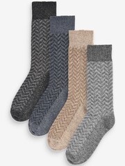Grey/Blue Zig Zag Pattern Heavyweight Socks 4 Pack With Wool And Silk - Image 1 of 6