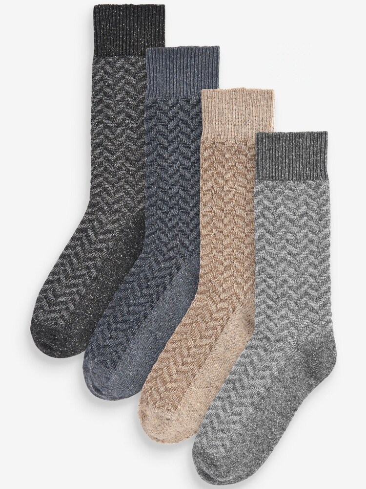 Grey/Blue Zig Zag Pattern Heavyweight Socks 4 Pack With Wool And Silk - Image 1 of 6