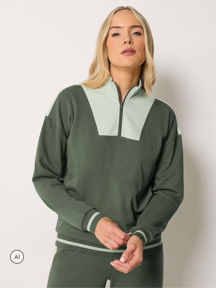 Long Tall Sally Green Colour Block Quarter Zip Sweatshirt - Image 1 of 6 Long Tall Sally Green Colour Block Quarter Zip Sweatshirt - Image 1 of 6