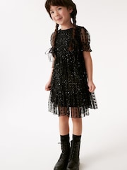 Black Sparkle Mesh Short Sleeve Tiered Party Dress (3-16yrs) - Image 1 of 8