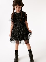 Black Sparkle Mesh Short Sleeve Tiered Party Dress (3-16yrs) - Image 3 of 8