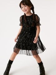 Black Sparkle Mesh Short Sleeve Tiered Party Dress (3-16yrs) - Image 4 of 8