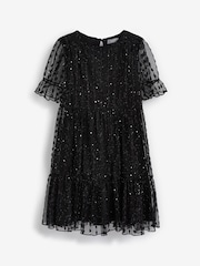 Black Sparkle Mesh Short Sleeve Tiered Party Dress (3-16yrs) - Image 6 of 8