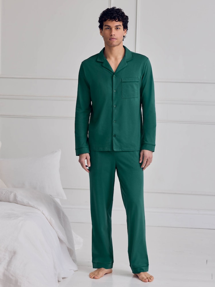 Chelsea Peers Green Cotton Button Up Long Pyjama Set - Image 1 of 5 Chelsea Peers Green Cotton Button Up Long Pyjama Set - Image 1 of 5