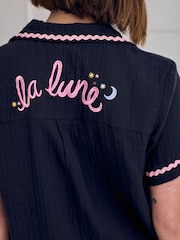 Chelsea Peers Blue La Lune Cotton Cheesecloth Embroidered Short Pyjama Set - Image 4 of 8