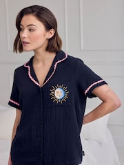 Chelsea Peers Blue La Lune Cotton Cheesecloth Embroidered Short Pyjama Set - Image 5 of 8