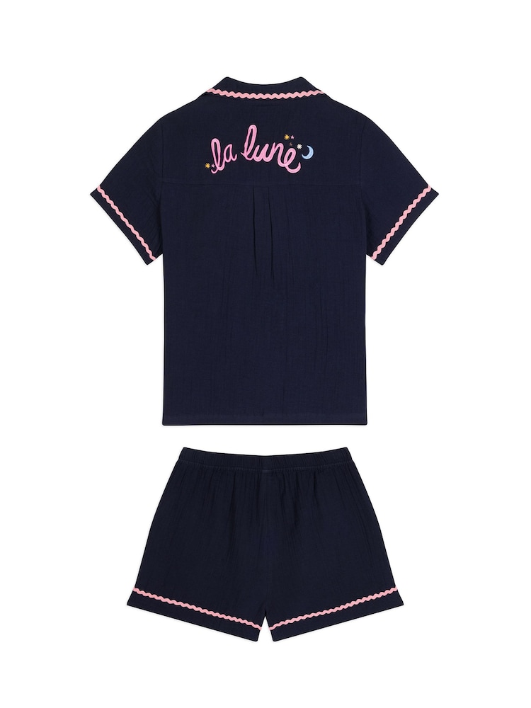 Chelsea Peers Blue La Lune Cotton Cheesecloth Embroidered Short Pyjama Set - Image 8 of 8