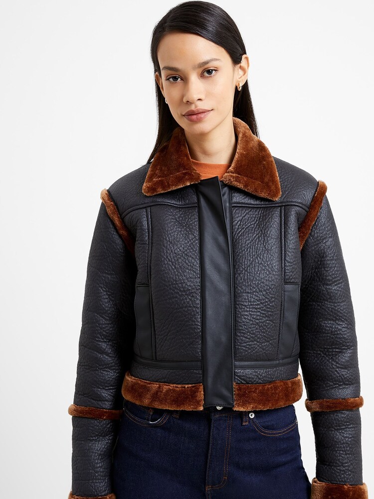 French Connection Belen Faux Fir Long Sleeve Cropped Jacket - Image 1 of 4