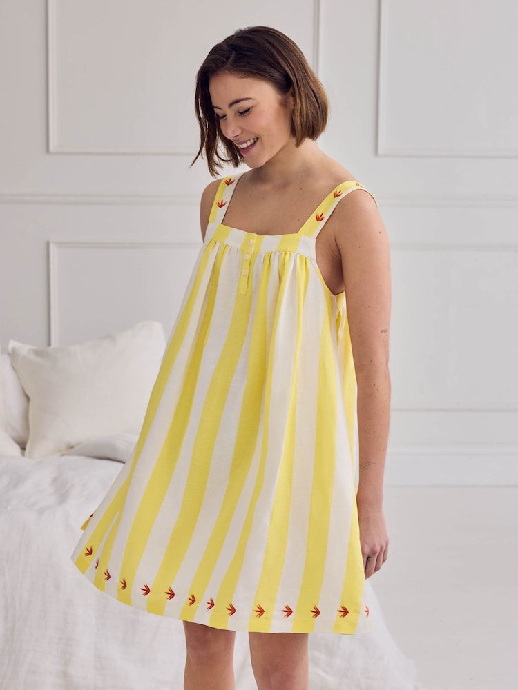 Chelsea Peers Yellow Linen Blend Embroidered Stripe Cami Nightshirt - Image 1 of 7 Chelsea Peers Yellow Linen Blend Embroidered Stripe Cami Nightshirt - Image 1 of 7