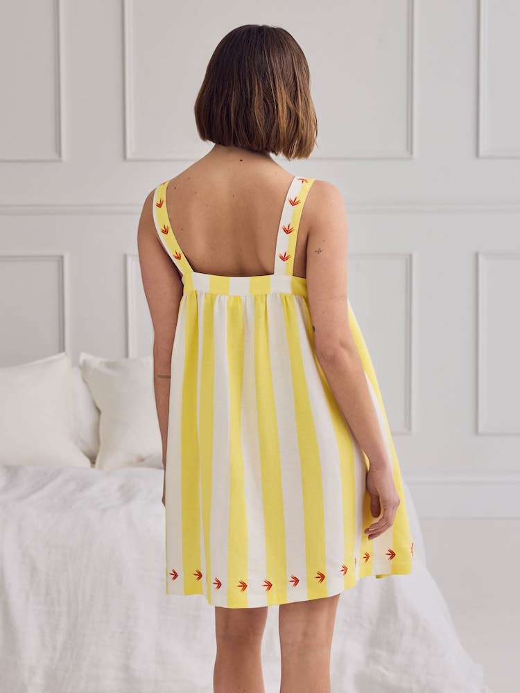 Chelsea Peers Yellow Linen Blend Embroidered Stripe Cami Nightshirt - Image 2 of 7 Chelsea Peers Yellow Linen Blend Embroidered Stripe Cami Nightshirt - Image 2 of 7