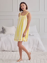 Chelsea Peers Yellow Linen Blend Embroidered Stripe Cami Nightshirt - Image 3 of 7