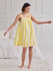 Chelsea Peers Yellow Linen Blend Embroidered Stripe Cami Nightshirt - Image 5 of 7