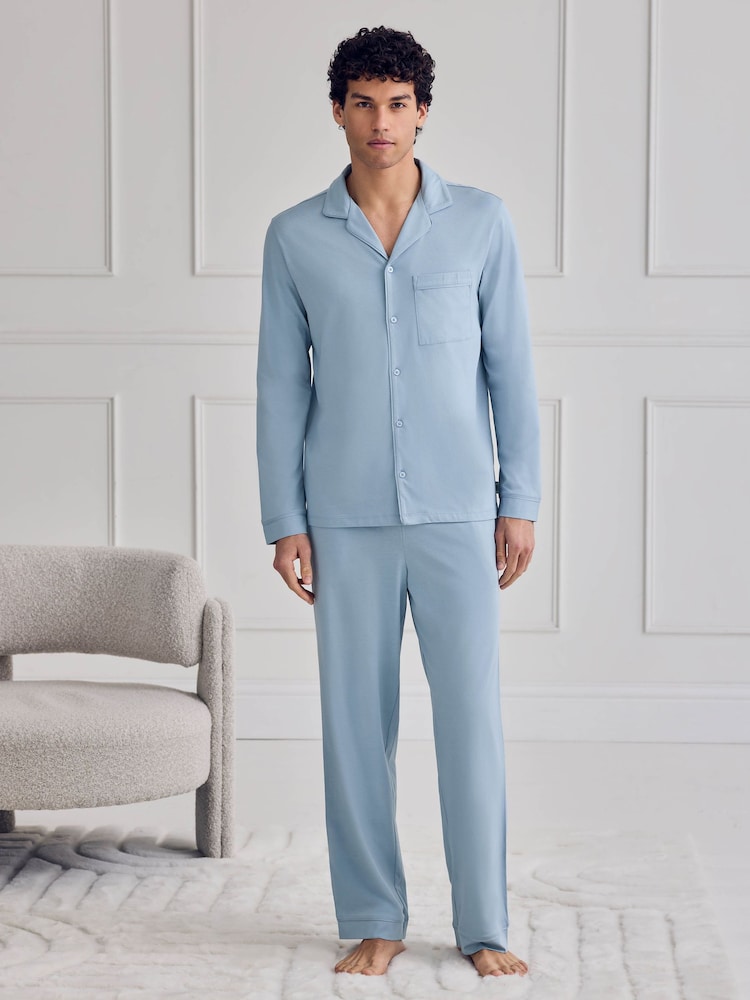 Chelsea Peers Blue Cotton Button Up Long Pyjama Set - Image 1 of 6 Chelsea Peers Blue Cotton Button Up Long Pyjama Set - Image 1 of 6