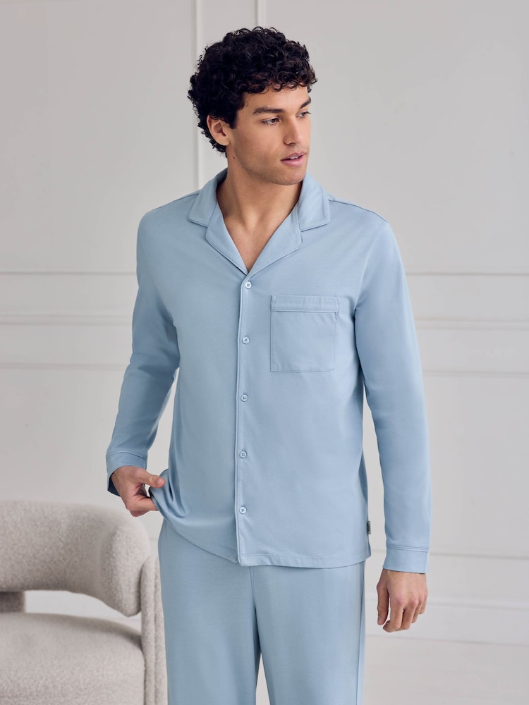 Chelsea Peers Blue Cotton Button Up Long Pyjama Set - Image 2 of 6 Chelsea Peers Blue Cotton Button Up Long Pyjama Set - Image 2 of 6