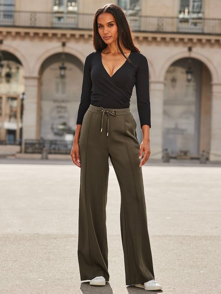 Sosandar Green Petite Side Stripe Wide Leg Trousers - Image 2 of 5 Sosandar Green Petite Side Stripe Wide Leg Trousers - Image 2 of 5