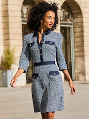 Sosandar Blue Boucle Denim Trim Dress With Luxe Gold Buttons - Image 2 of 5