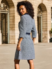 Sosandar Blue Boucle Denim Trim Dress With Luxe Gold Buttons - Image 3 of 5