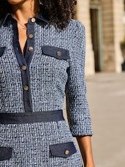 Sosandar Blue Boucle Denim Trim Dress With Luxe Gold Buttons - Image 4 of 5