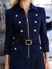 Sosandar Blue Zip Front Military Button Detail Denim Dress - Image 4 of 5