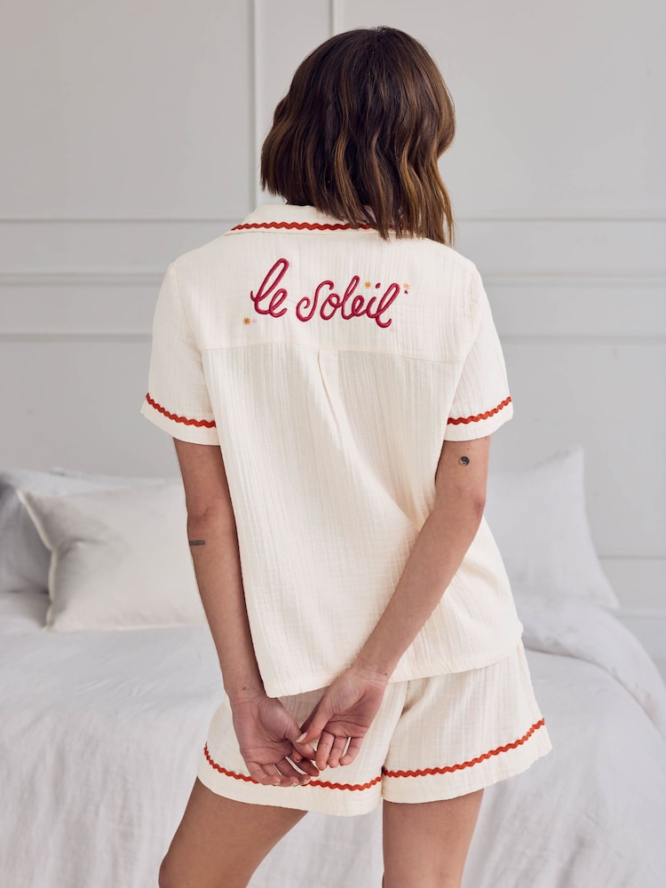 Chelsea Peers Natural Le Soleil Cotton Cheesecloth Embroidered Short Pyjama Set - Image 2 of 8